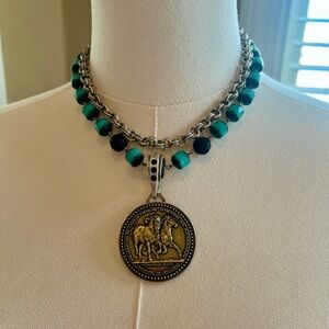 French Kande Turquoise, Silver and Gold Medallion Necklace NWOT